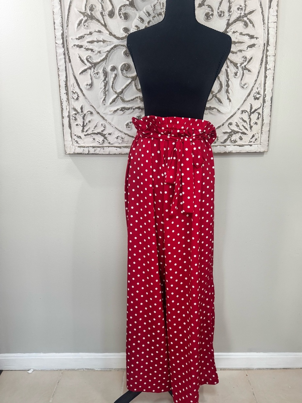 SHEIN Curve 3XL Red White Polka Dot Wide Leg Paperbag Pants Belted Plus Size